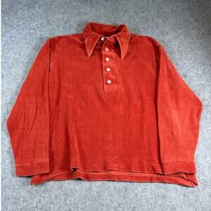 Vintage 70s Enro Suede Polo Shirt Mens L Orange Velour Long Sleeve Boxy Rugby